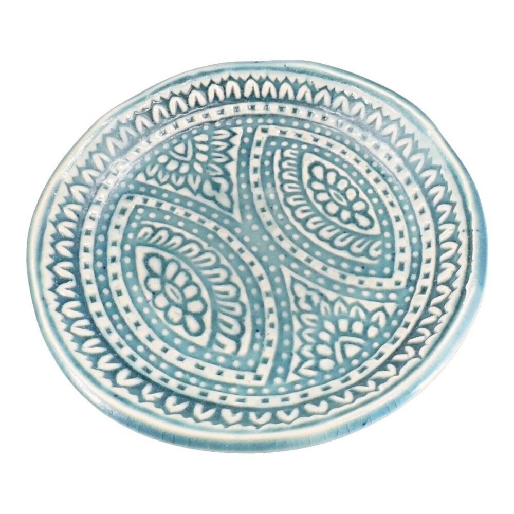Hand Made Studio Pottery Small Dish Plate Pattern Textured Artist Signed KJ
